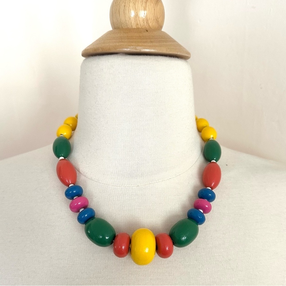 Vintage Necklace Colorful Rainbow Wood Bead Chunky Bright Funky